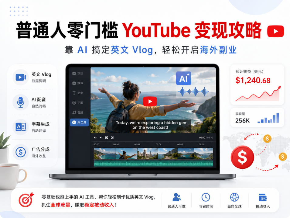 普通人零门槛 YouTube 变现攻略：用 AI 做英文 Vlog，开启海外副业